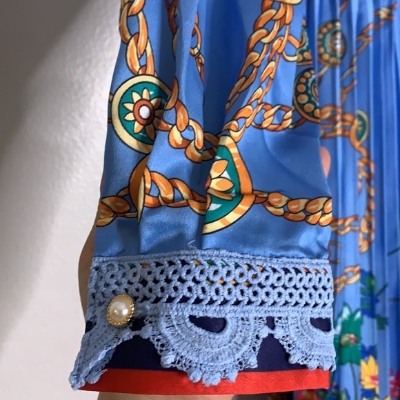 Dalia MacPhee pleated floral long sleeve midi dress powder blue print medium new - Picture 4 of 10